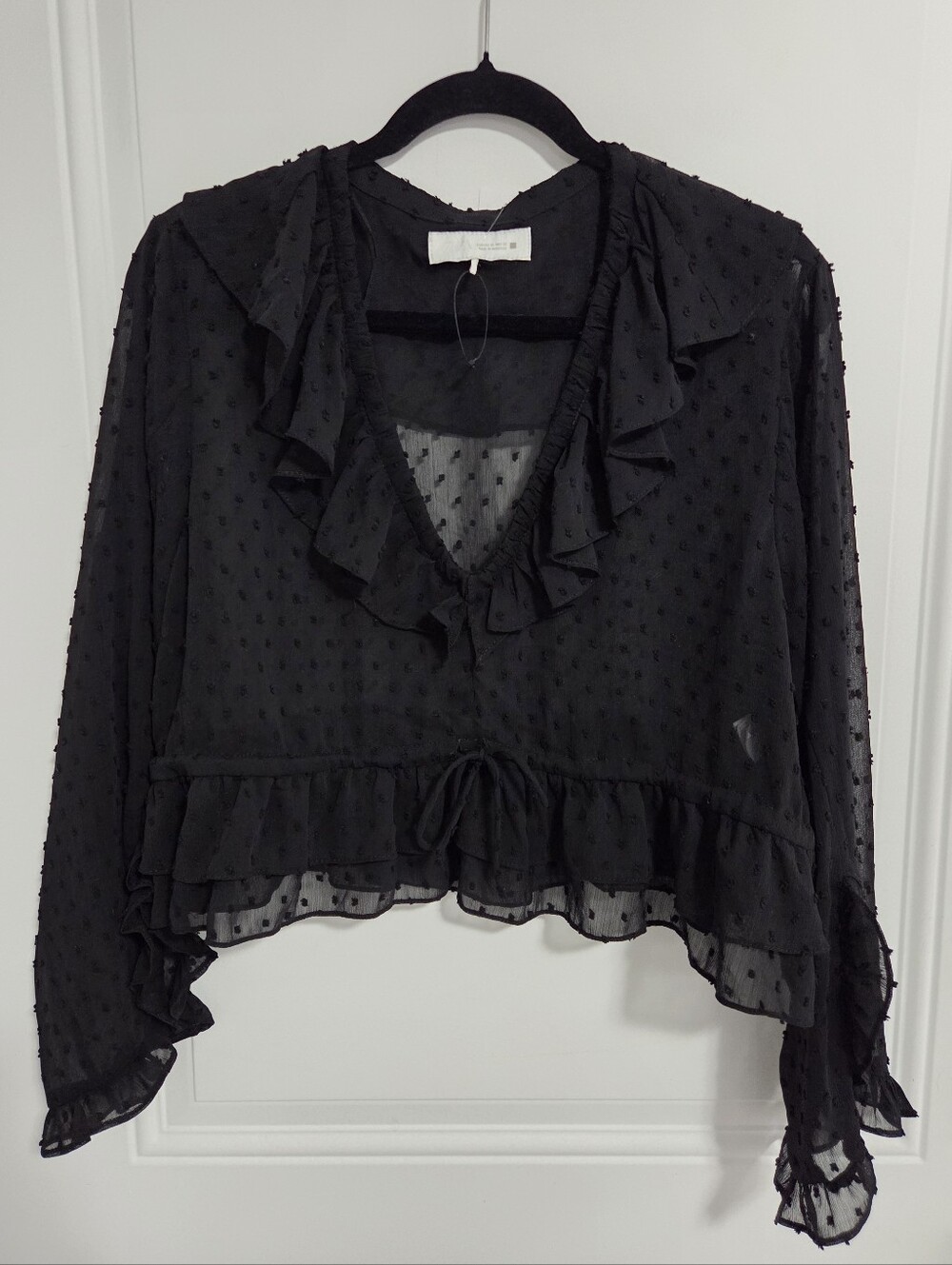 Zara Women's Swiss Dot Cropped Sheer Ruffle Blouse - Size XL